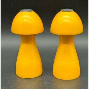 Mushroom Shaped Salt And Pepper Shakers Yellow Teak Wood 5" Tall 1960s (A)